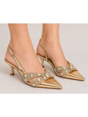 Azalea Wang NWOB Gold Rhinestone Pointed Toe Slingback Kitten Heels 9